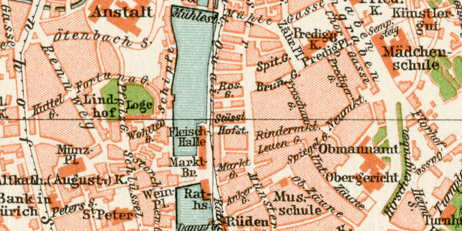 Zürich historischer Stadtplan Karte Lithographie ca 1892