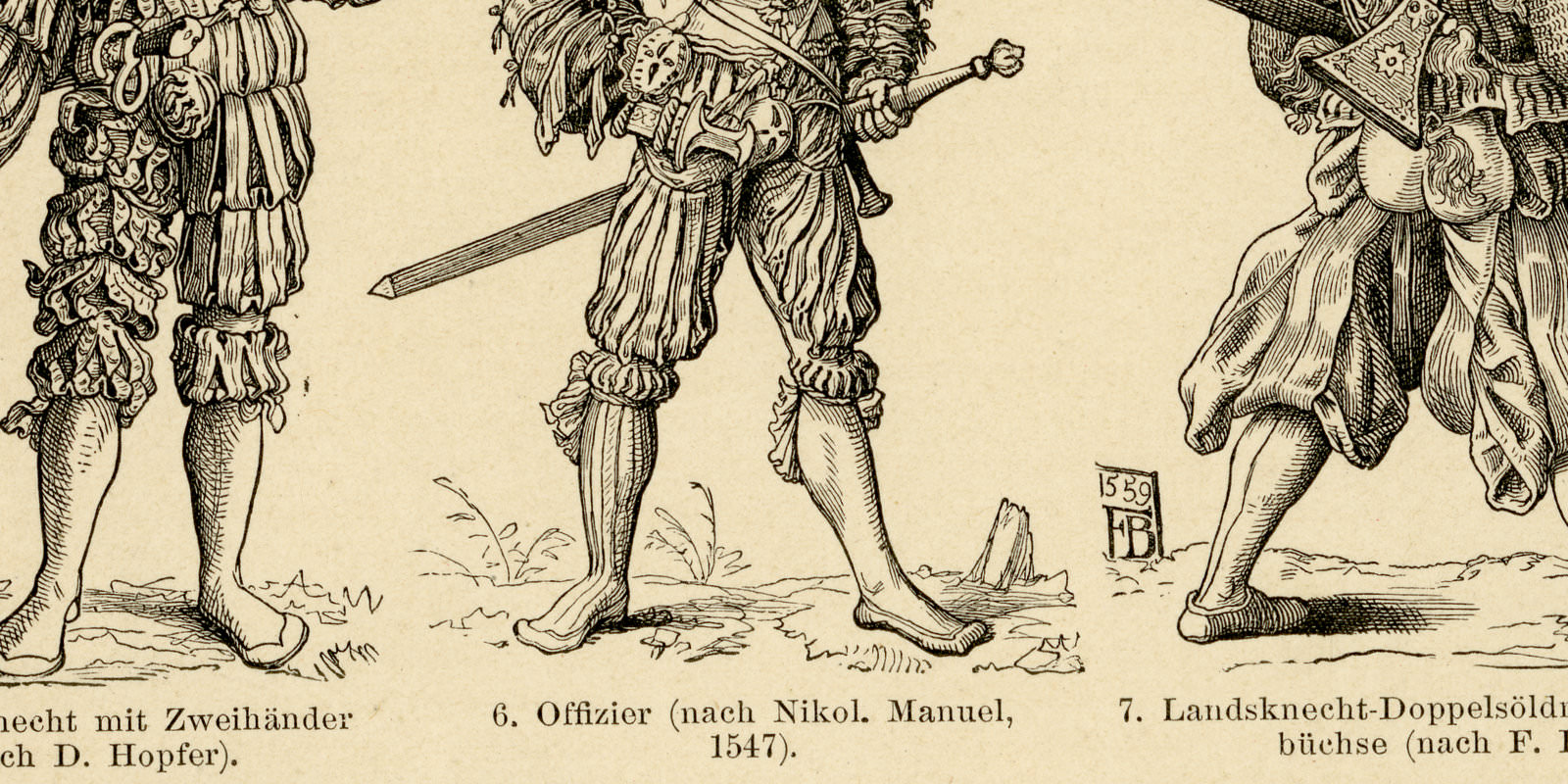 Landsknechte ca 1895 historische Bildtafel Holzstich