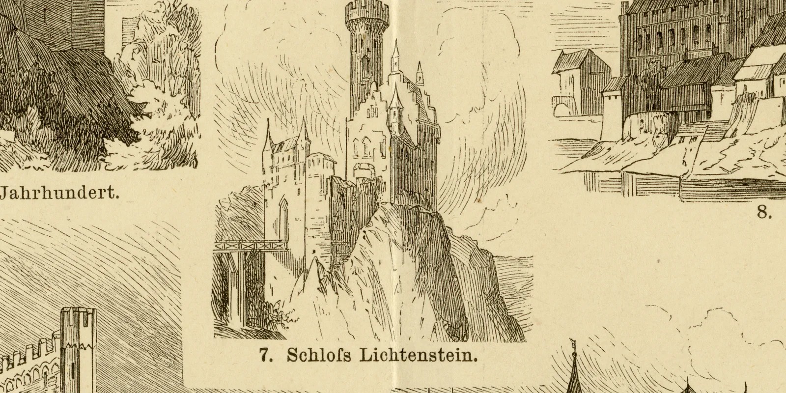 Burgen ca 1882 historische Grafik Holzstich