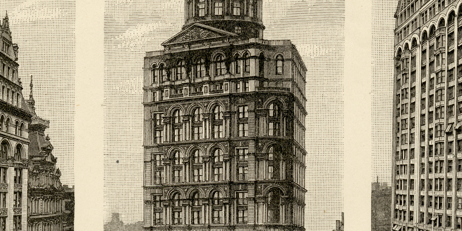 Hohe Häuser ca 1898 historische Bildtafel Holzstich