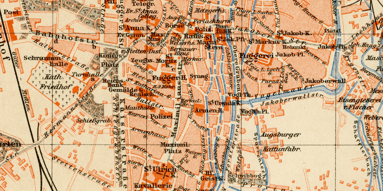 Augsburg ca 1893 historischer Stadtplan Lithographie