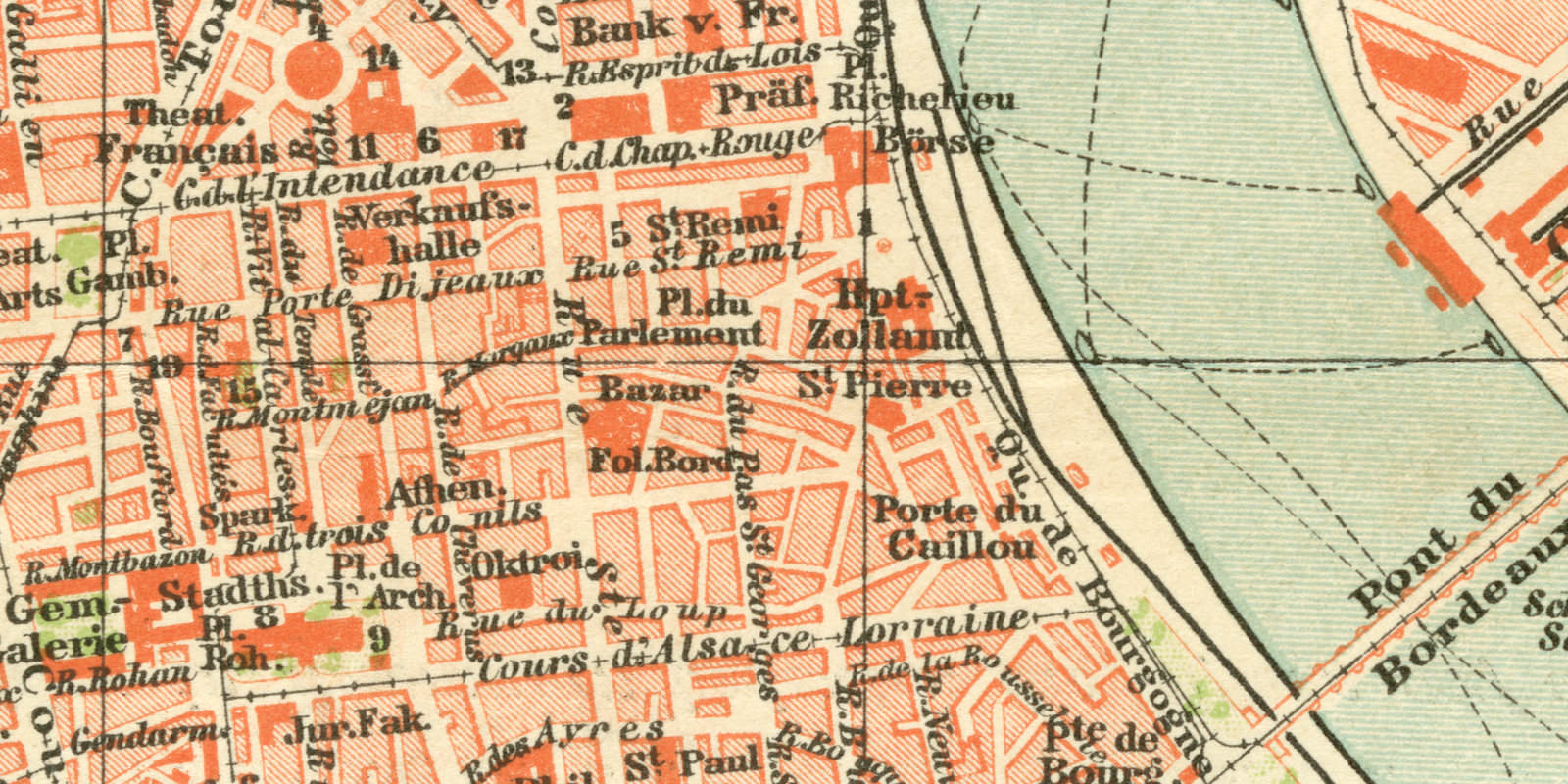 Bordeaux historischer Stadtplan Karte Lithographie ca 1892