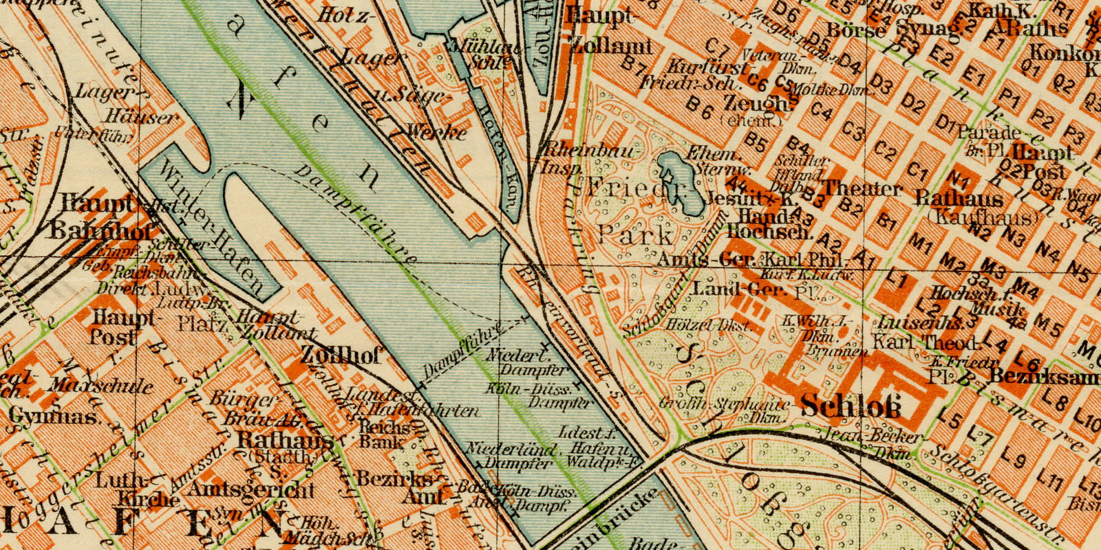 Mannheim und Ludwigshafen ca 1927 historische Karte Lithographie