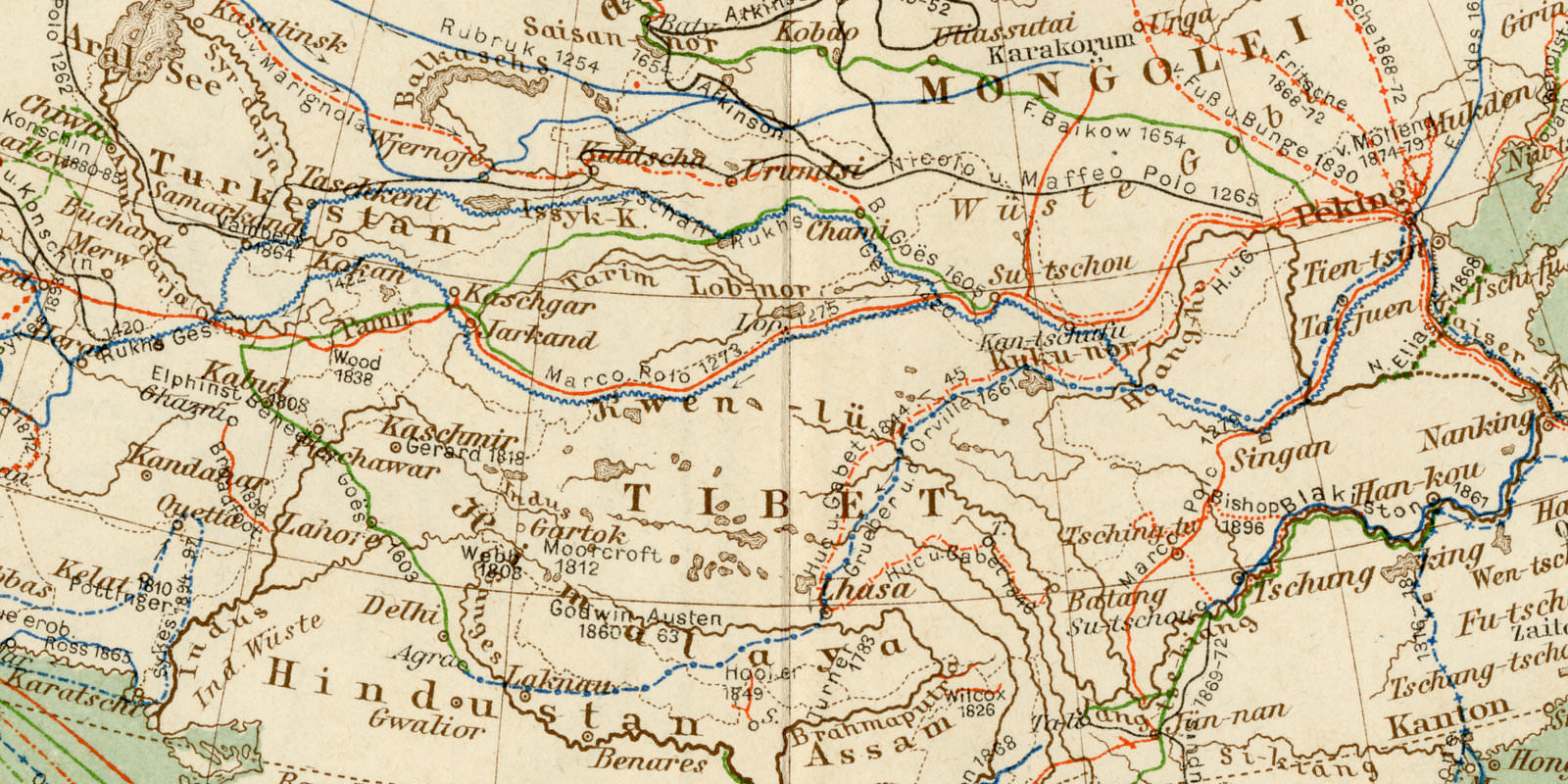 Asien Forschungsreisen Mittelalter und Neuzeit ca 1898 historische Karte Lithographie