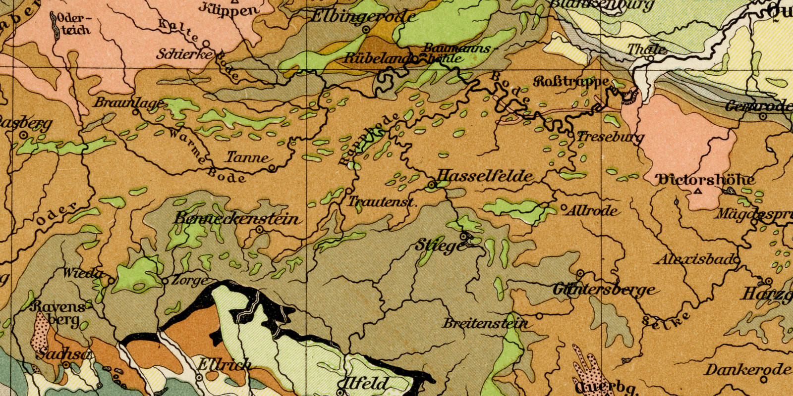 Harz Geologie ca 1895 historische Karte Lithographie