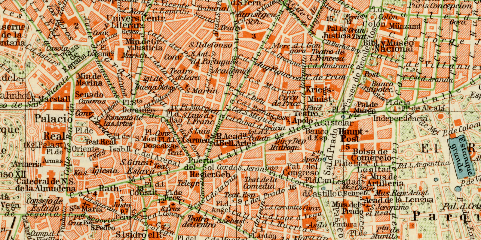 Madrid ca 1927 historische Karte Lithographie