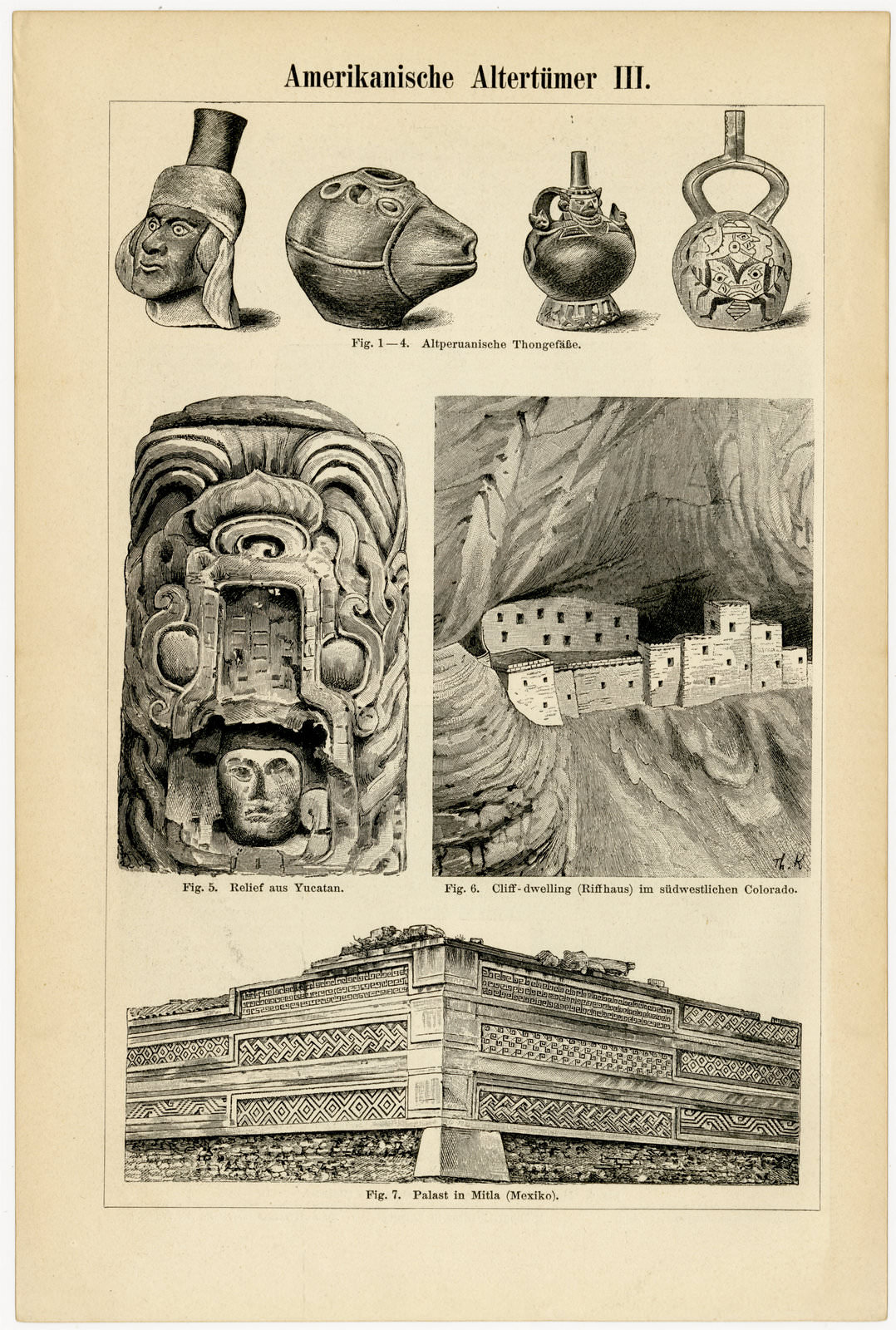 Amerikanische Altertümer II - III ca 1893 historische Bildtafel Holzstich
