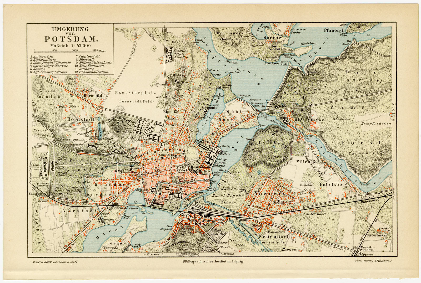 Potsdam Umgebung ca 1896 historischer Stadtplan Lithographie