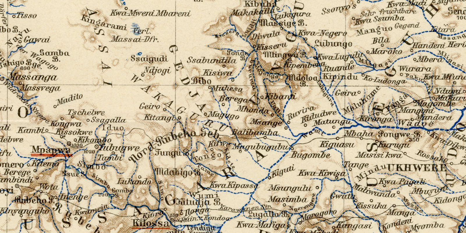 Deutsch Ostafrika Östliche Hälfte ca 1894 historische Karte Lithographie