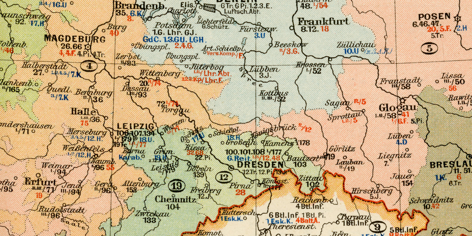 Garnisonskarte von Mitteleuropa ca 1899 historische Karte Lithographie