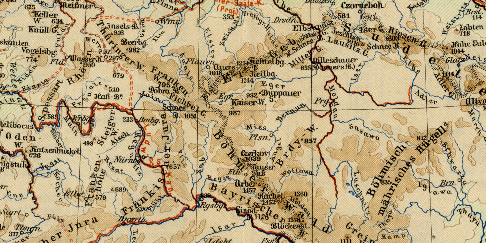 Mitteleuropa Fluss- und Gebirgskarte ca 1925 historische Karte Lithographie