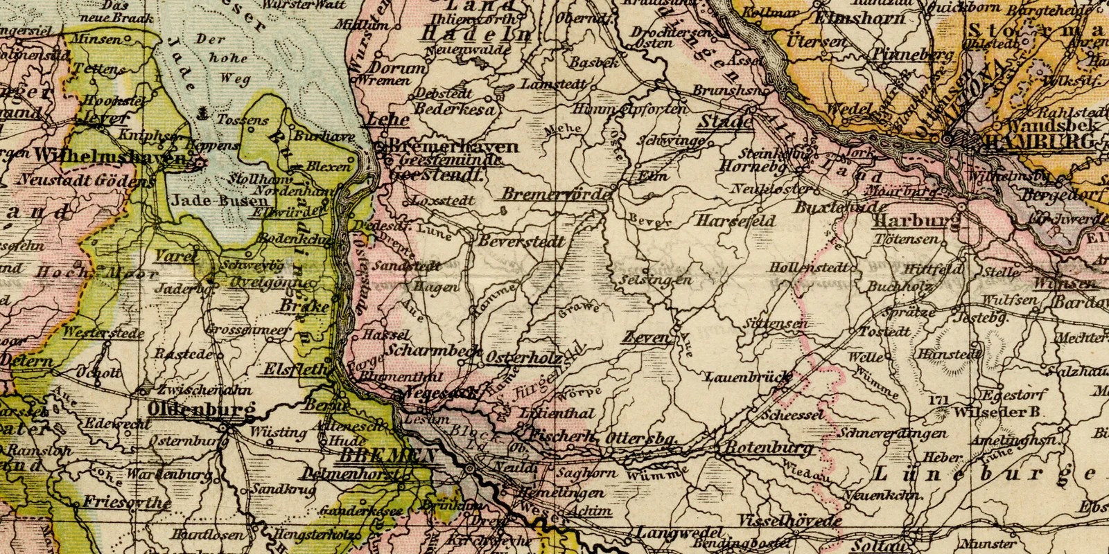 Hannover Schleswig-Holstein Nordwestdeutsche Staaten ca 1884 historische Karte Lithographie