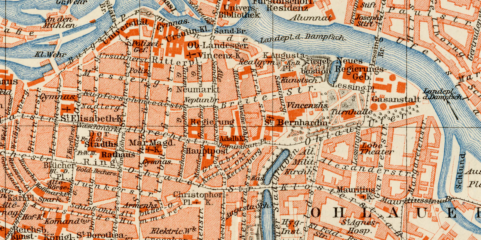 Breslau ca 1904 historischer Stadtplan Lithographie