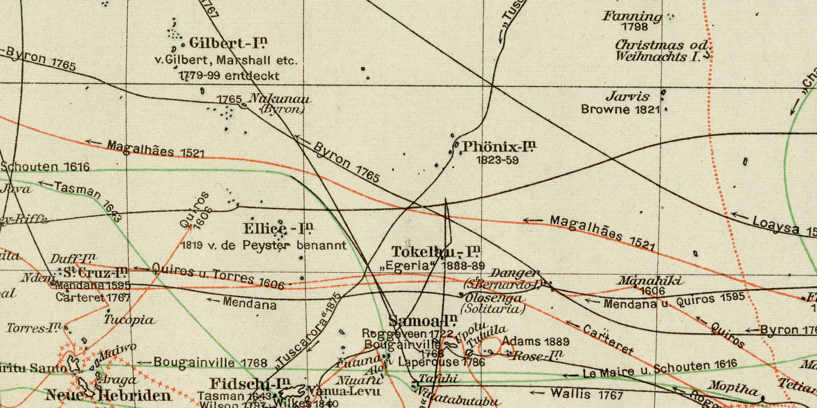 Karte der Entdeckungsreisen in Ozeanien ca 1895 historische Karte Lithographie