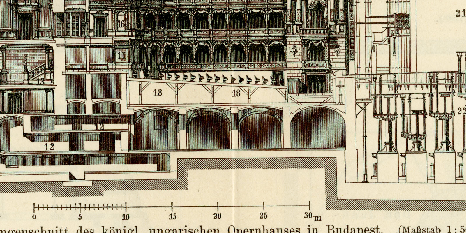Theaterbau I - III ca 1897 historische Bildtafel Holzstich