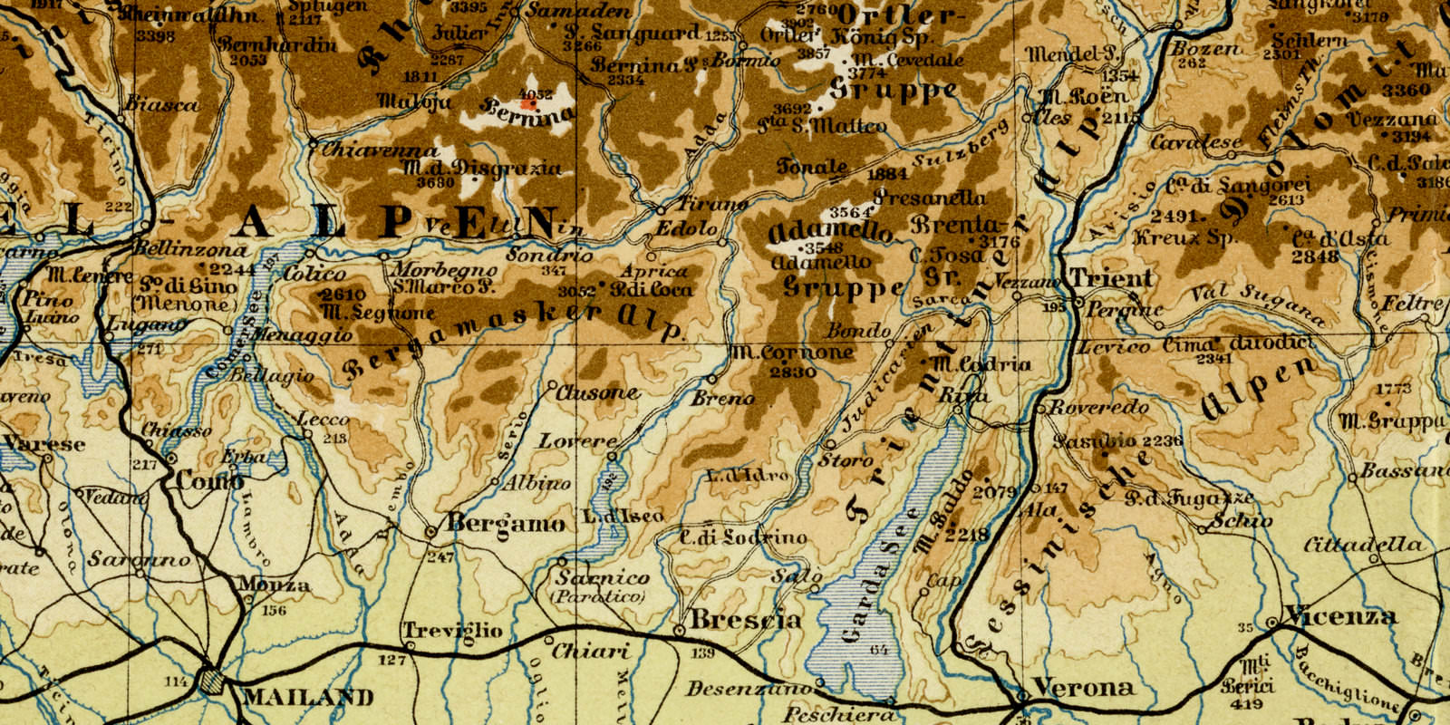 Alpen Höhenschichten ca 1892 historische Karte Lithographie