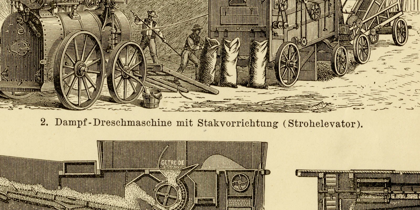 Dreschmaschinen ca 1883 historische Grafik Holzstich