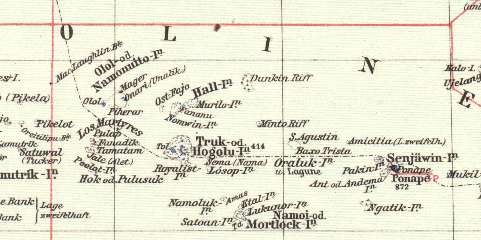 Karolinen Marshall Palau Marianen historische Landkarte Lithographie ca 1905