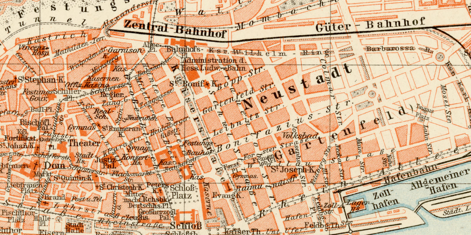 Mainz ca 1893 historischer Stadtplan Lithographie