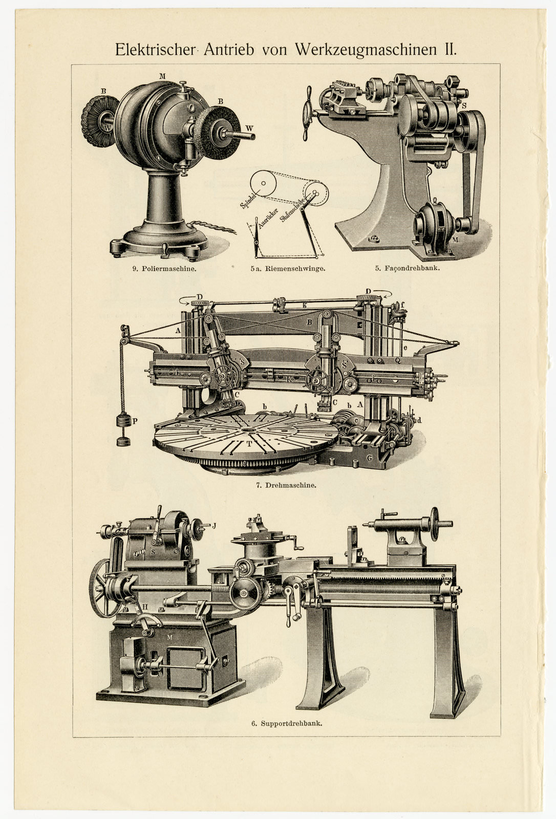 Elektrischer Antrieb von Werkzeugmaschinen I - II ca 1901 historische Bildtafel Holzstich