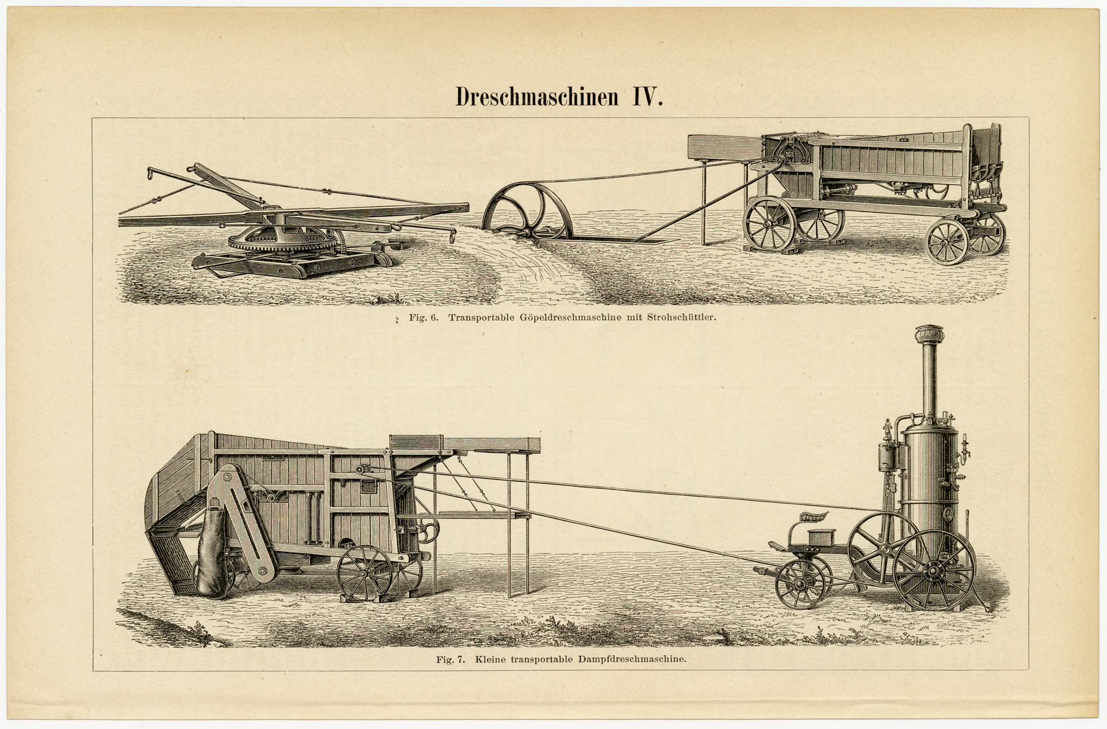 Dreschmaschinen III - IIV ca 1893 historische Bildtafel Holzstich