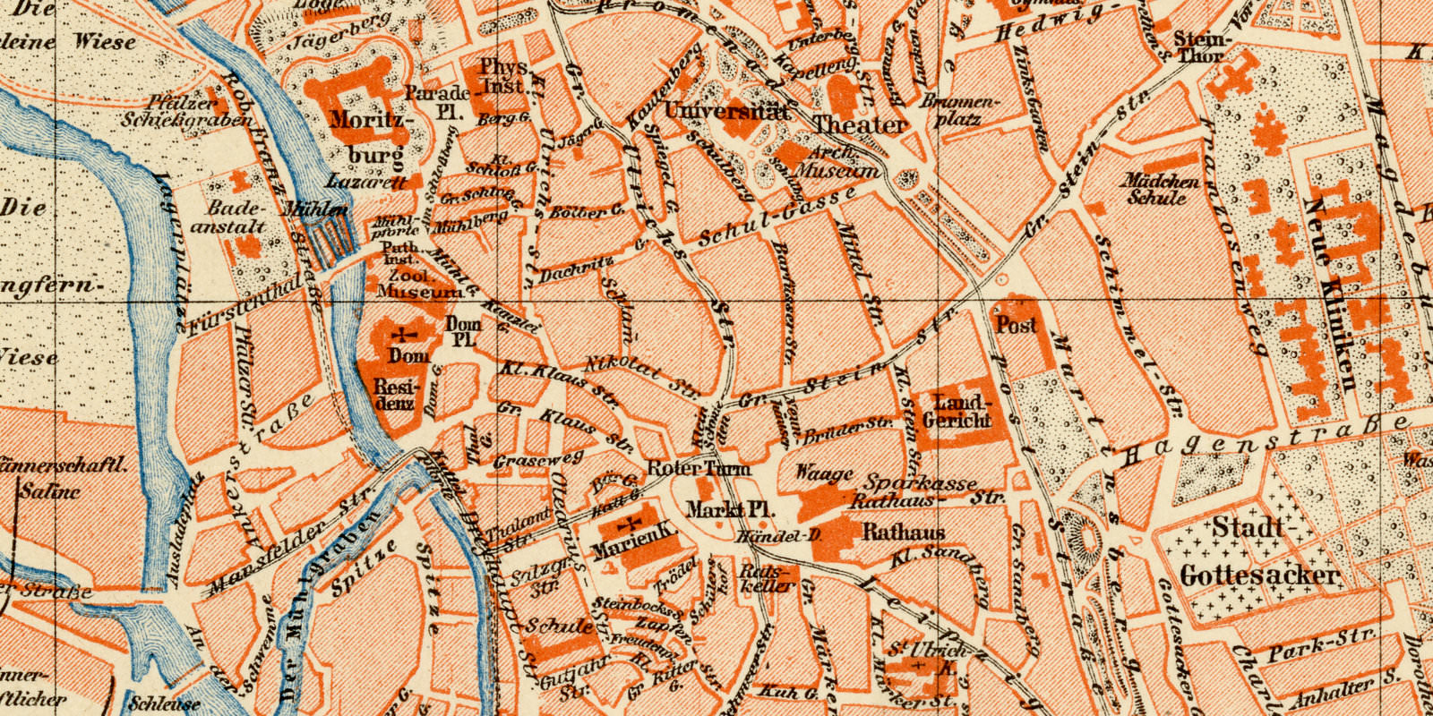 Halle an der Saale ca 1895 historischer Stadtplan Lithographie