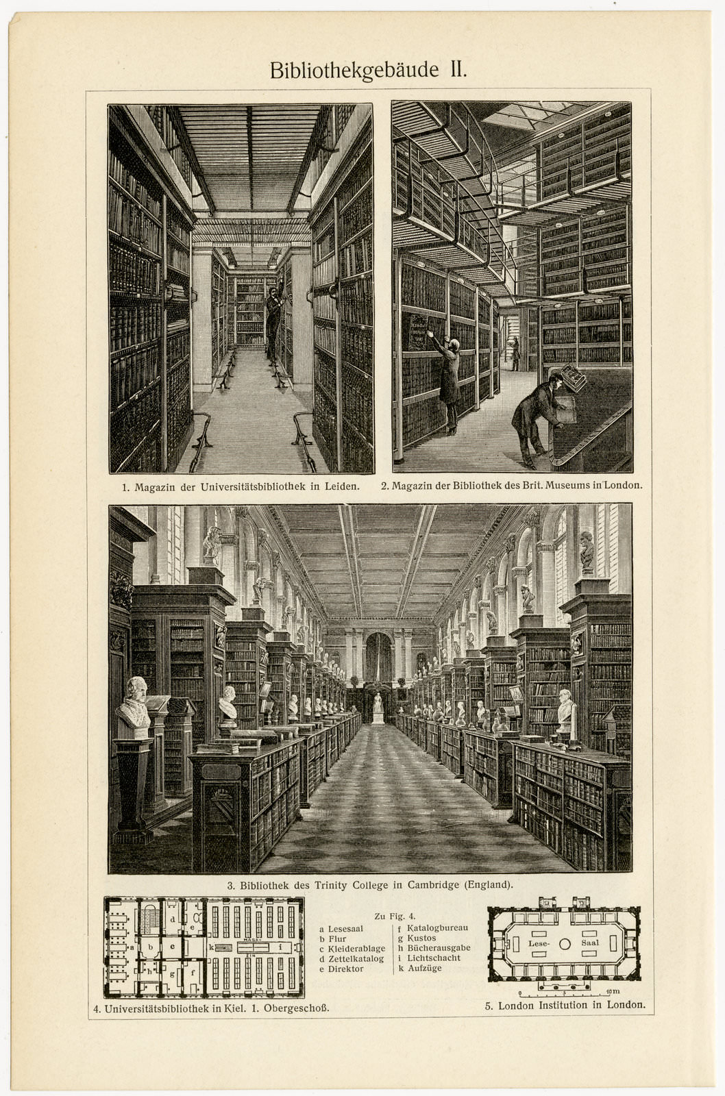 Bibliotheksgebäude I - II ca 1900 historische Bildtafel Holzstich