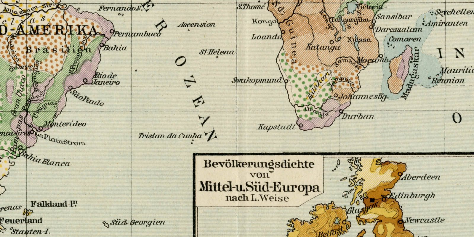 Erde Bevölkerungsdichte ca 1925 historische Karte Lithographie