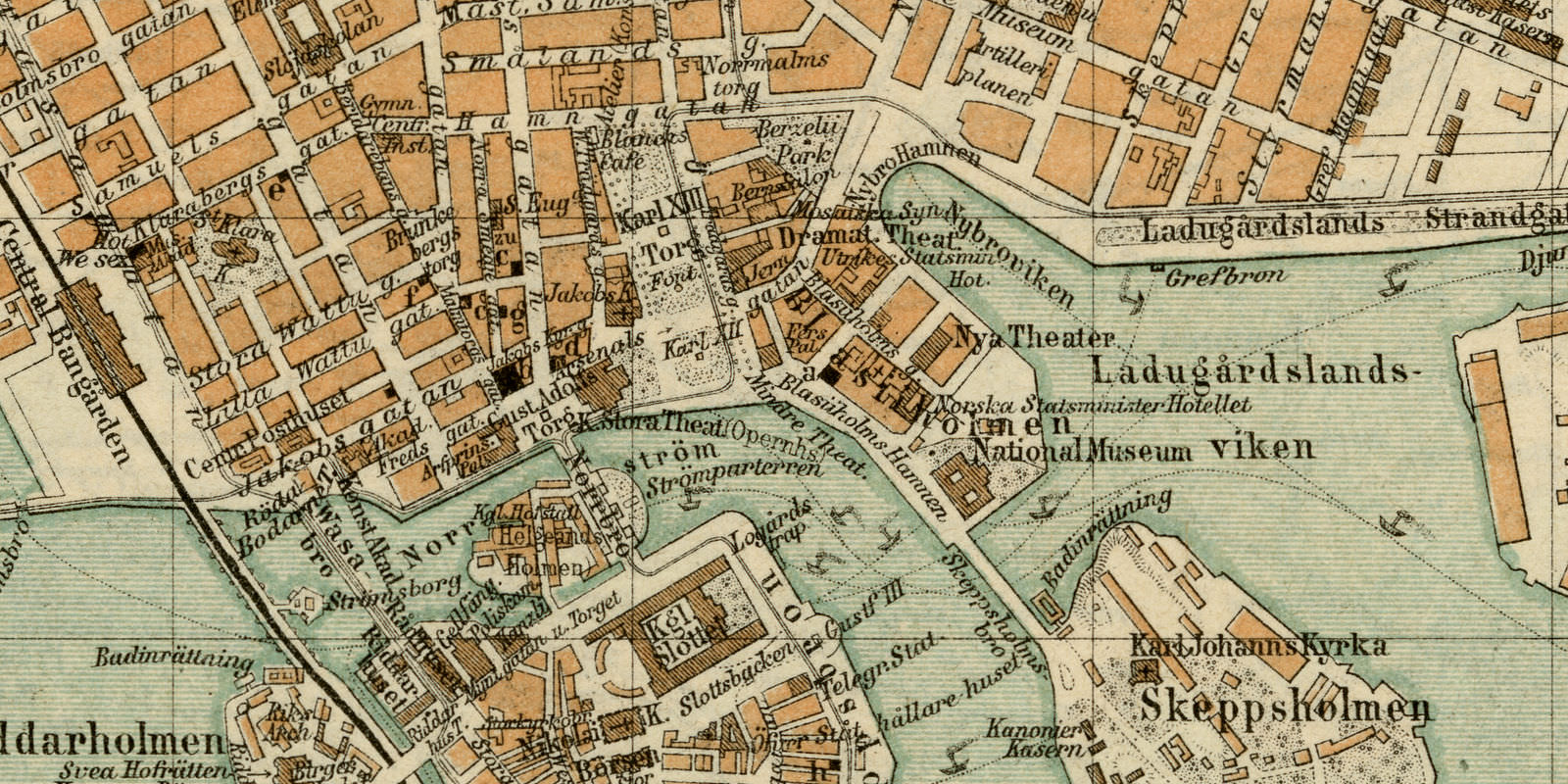 Stockholm + Umgebung historischer Stadtplan ca 1890 Karte Lithographie
