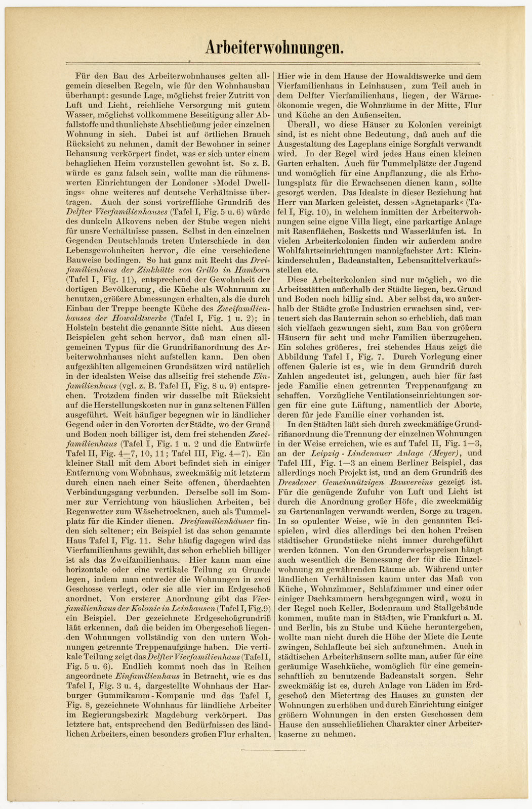 Arbeiterwohnungen III ca 1893 historische Bildtafel Holzstich