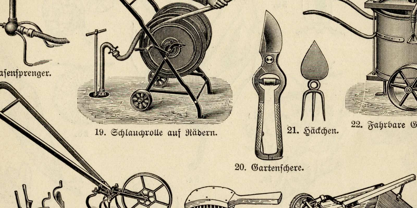 Gartengeräte ca 1926 historische Bildtafel Holzstich