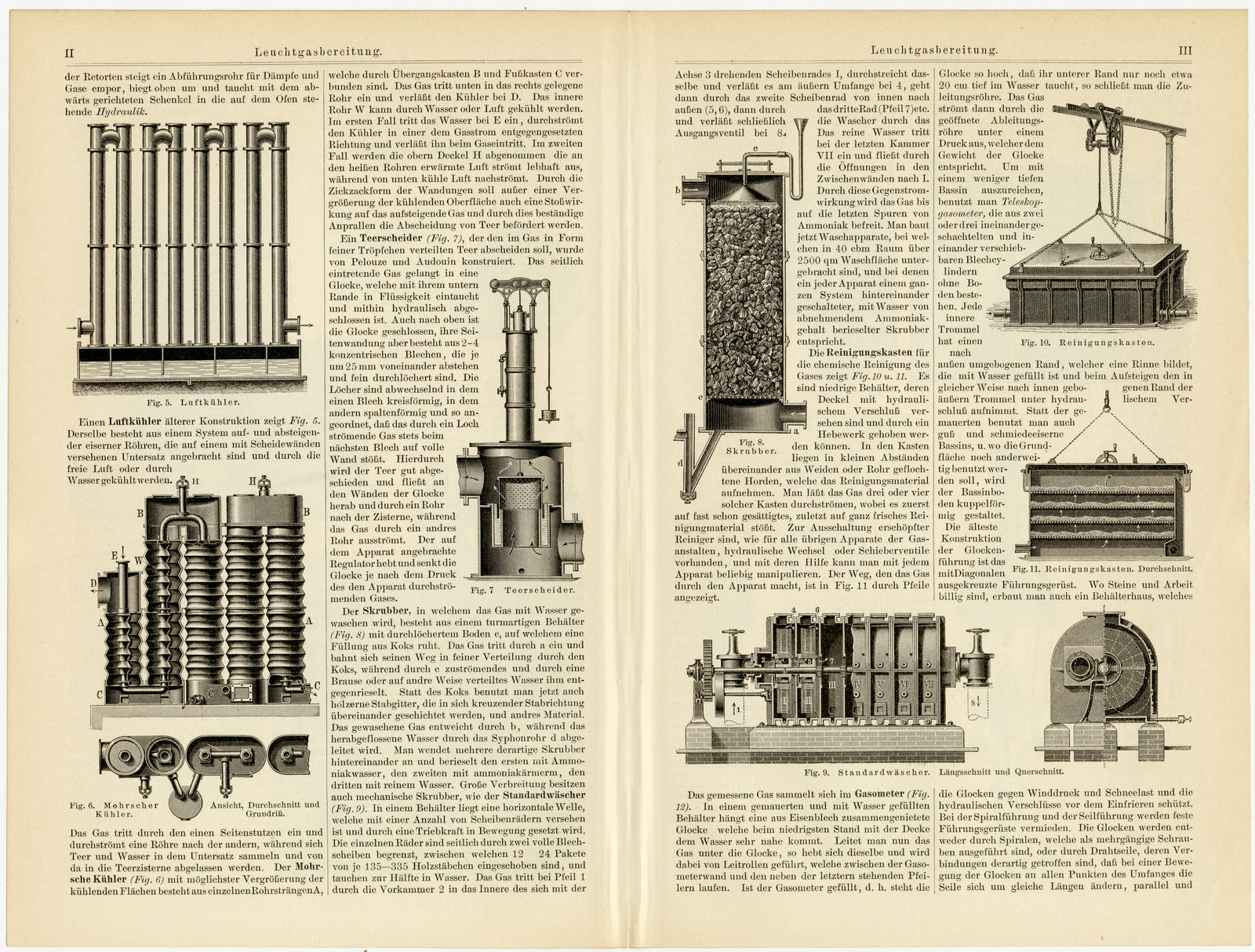 Leuchtgasbereitung ca 1896 historische Bildtafel Holzstich