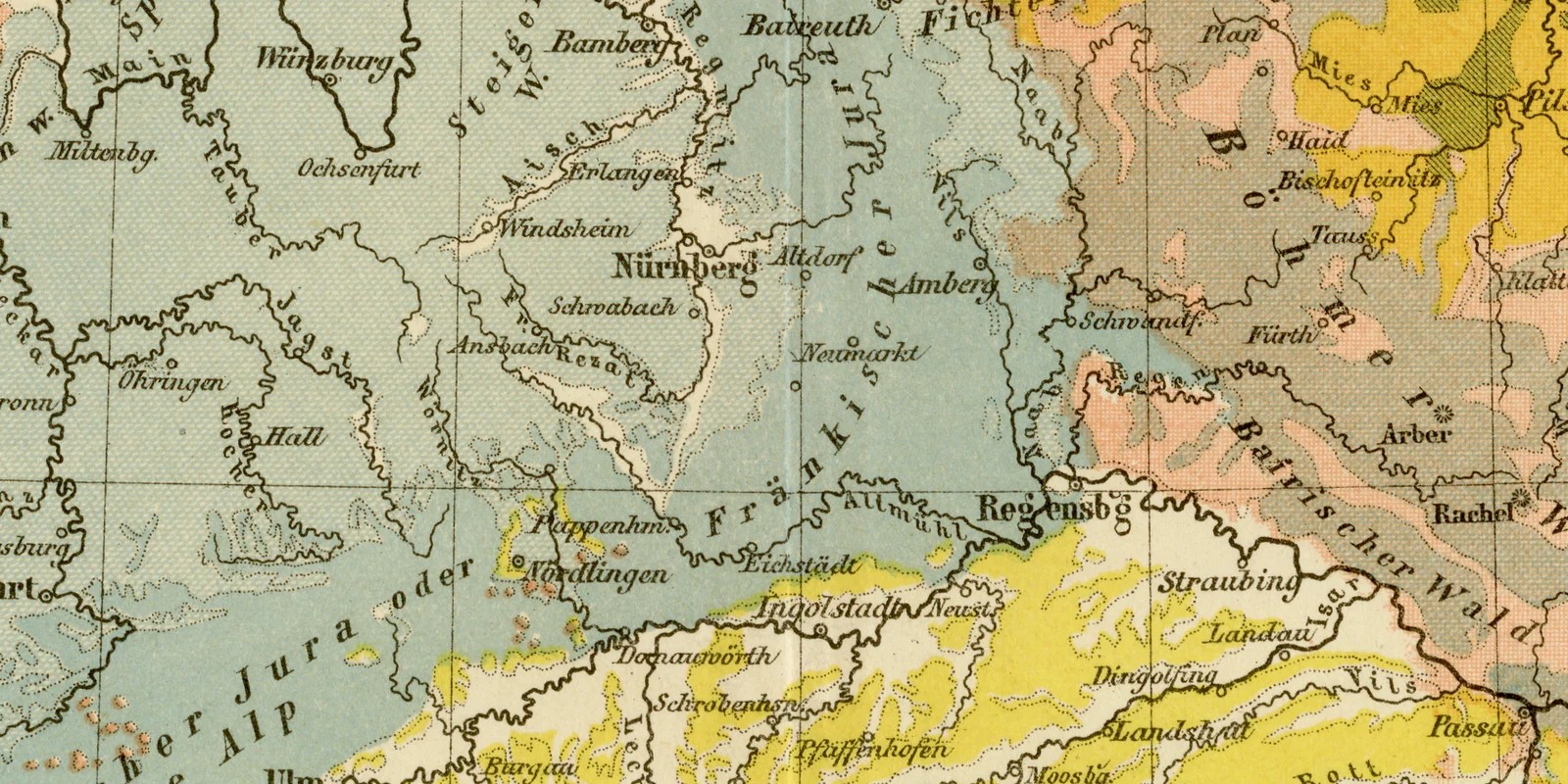 Deutsches Reich Geologie ca 1883 historische Karte Lithographie