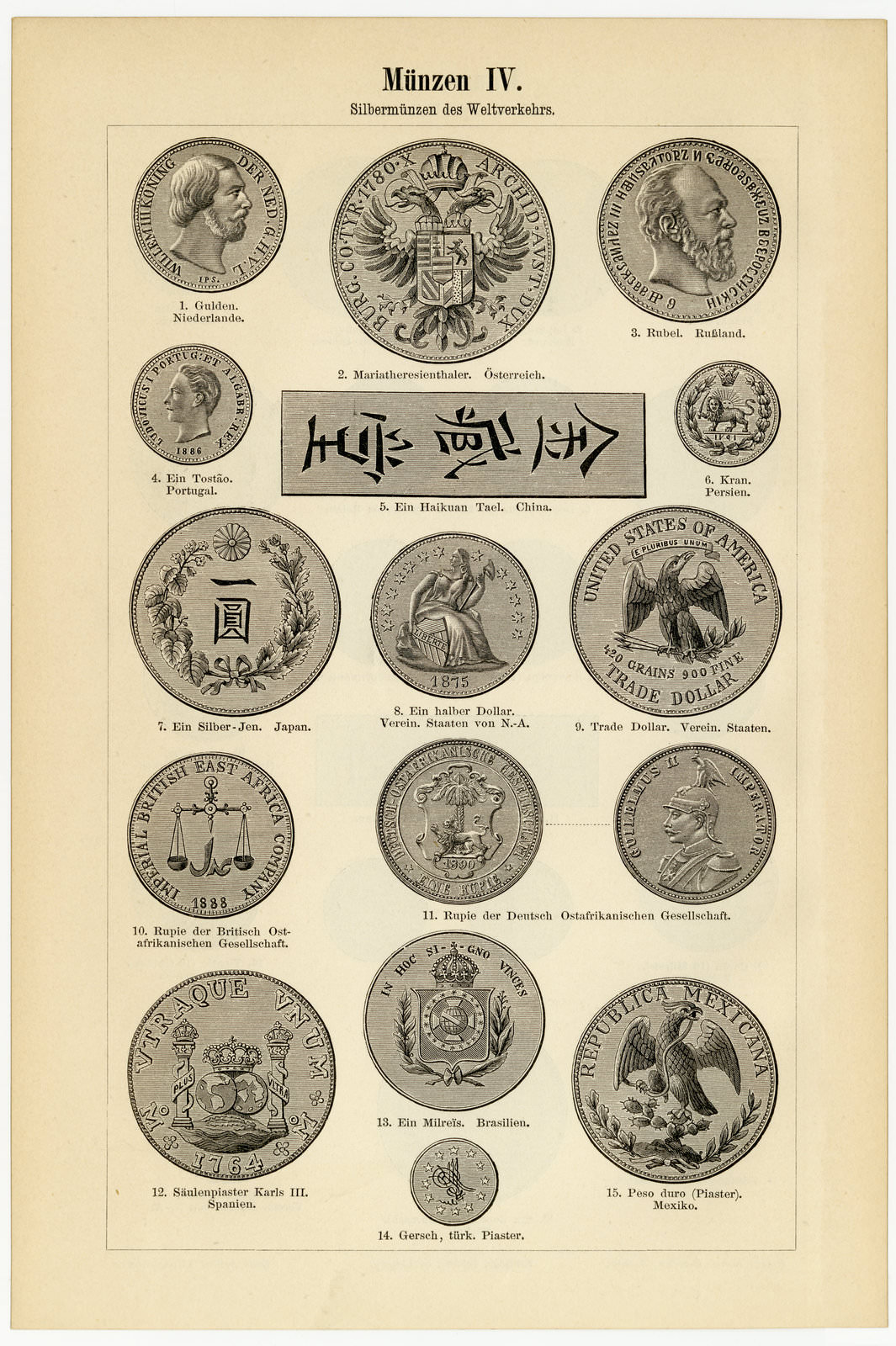 Münzen III Goldmünzen - IV Silbermünzen ca 1896 historische Bildtafel Holzstich