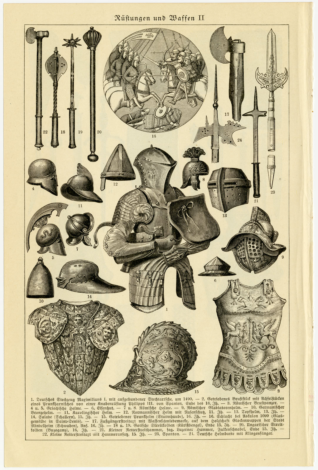 Rüstungen und Waffen I - II ca 1929 historische Bildtafel Holzstich