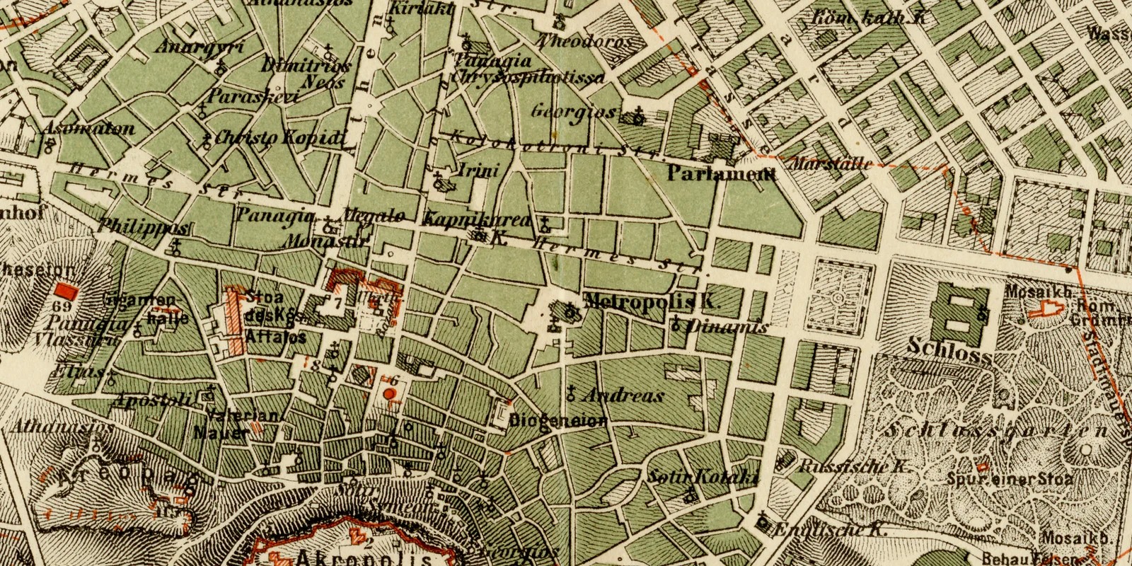 Athen ca 1882 historischer Stadtplan Lithographie