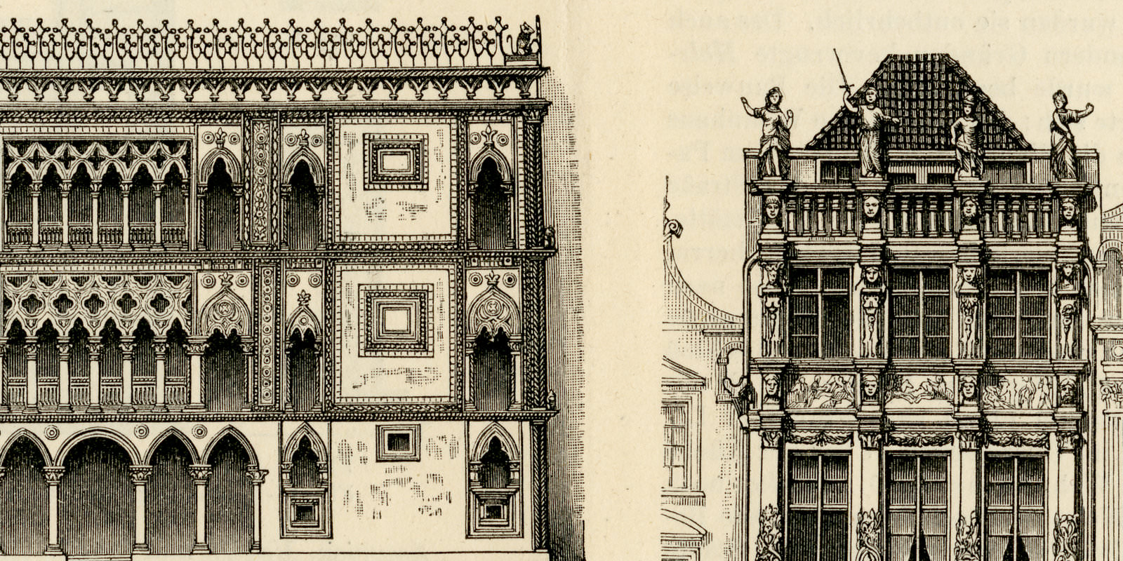 Wohnhäuser I Gotik und Renaissance ca 1897 historische Bildtafel Holzstich