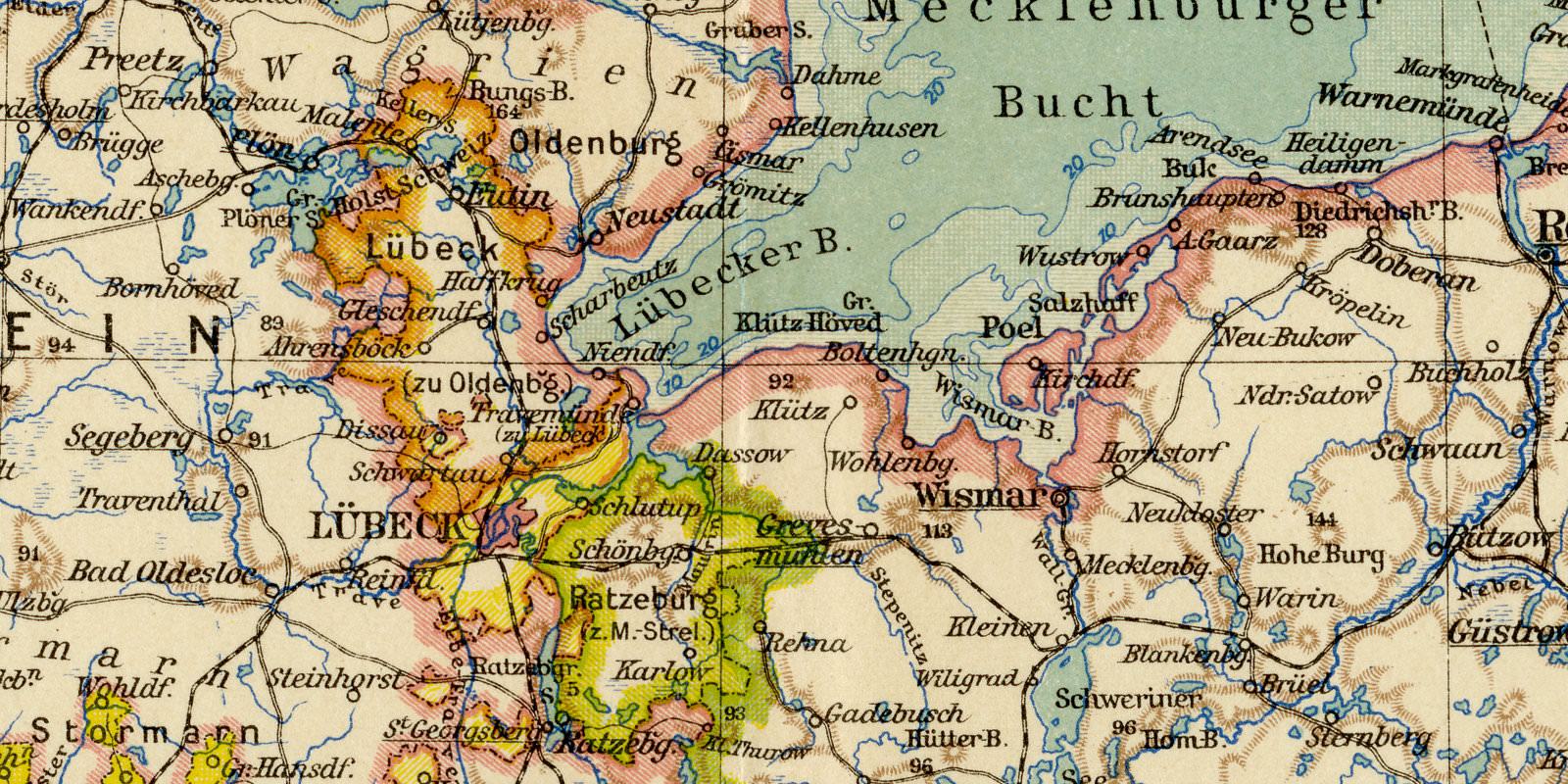 Mecklenburg und Schleswig-Holstein ca 1928 historische Karte Lithographie