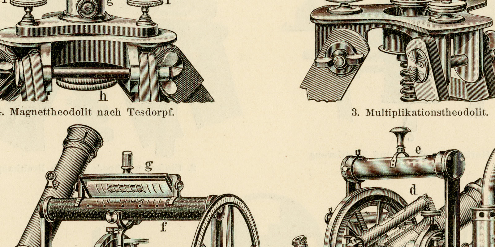 Theodolite I - II ca 1898 historische Bildtafel Holzstich