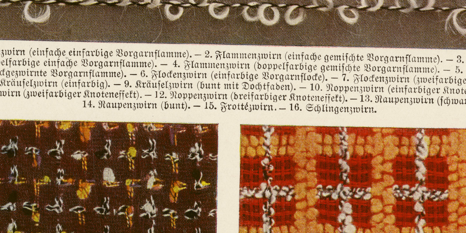 Effektzwirne und Noppenstoffe ca 1931 historische Bildtafel Chromotypie