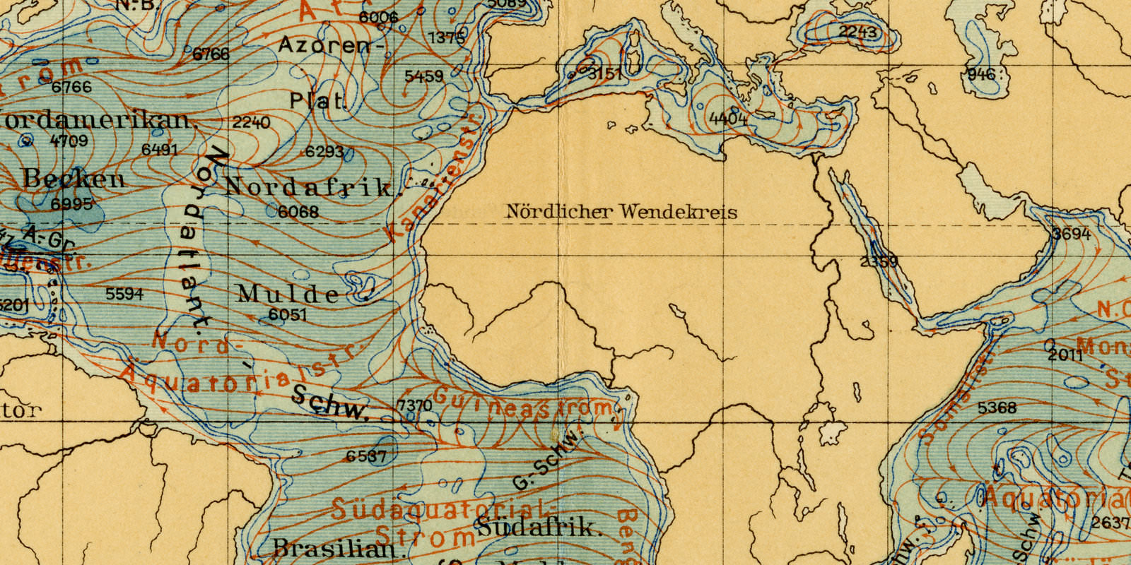 Weltkarte Meerestiefen und Meeresströmungen ca 1928 historische Karte Lithographie