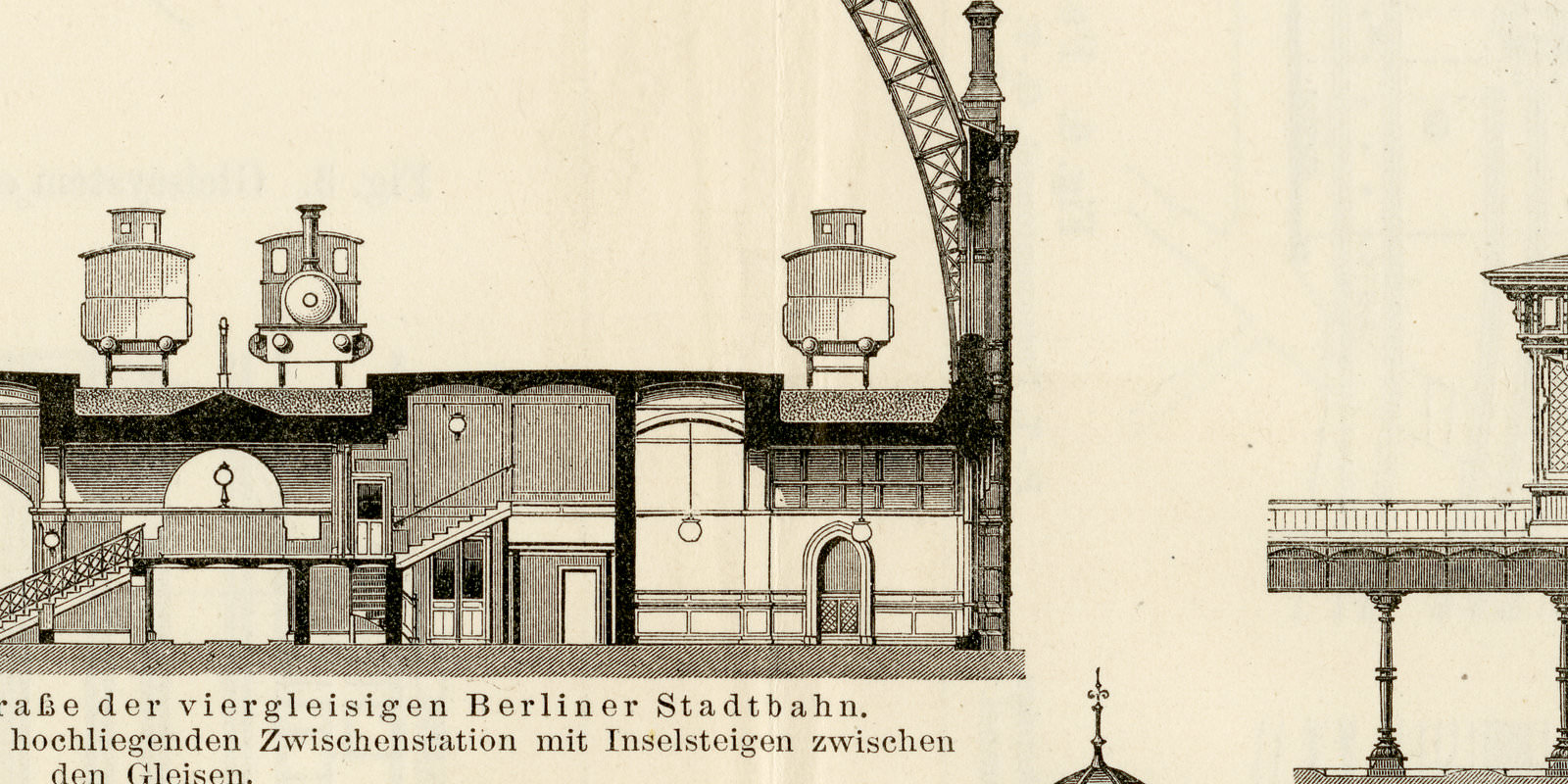 Bahnhöfe I - III ca 1893 historische Bildtafel Holzstich