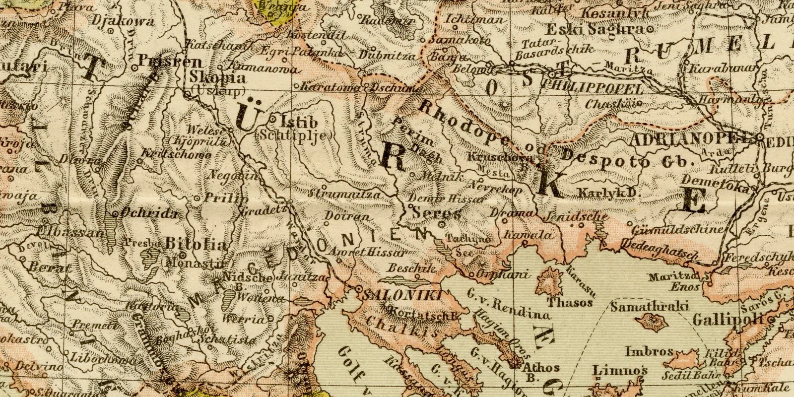 Balkanhalbinsel ca 1882 historische Karte Lithographie