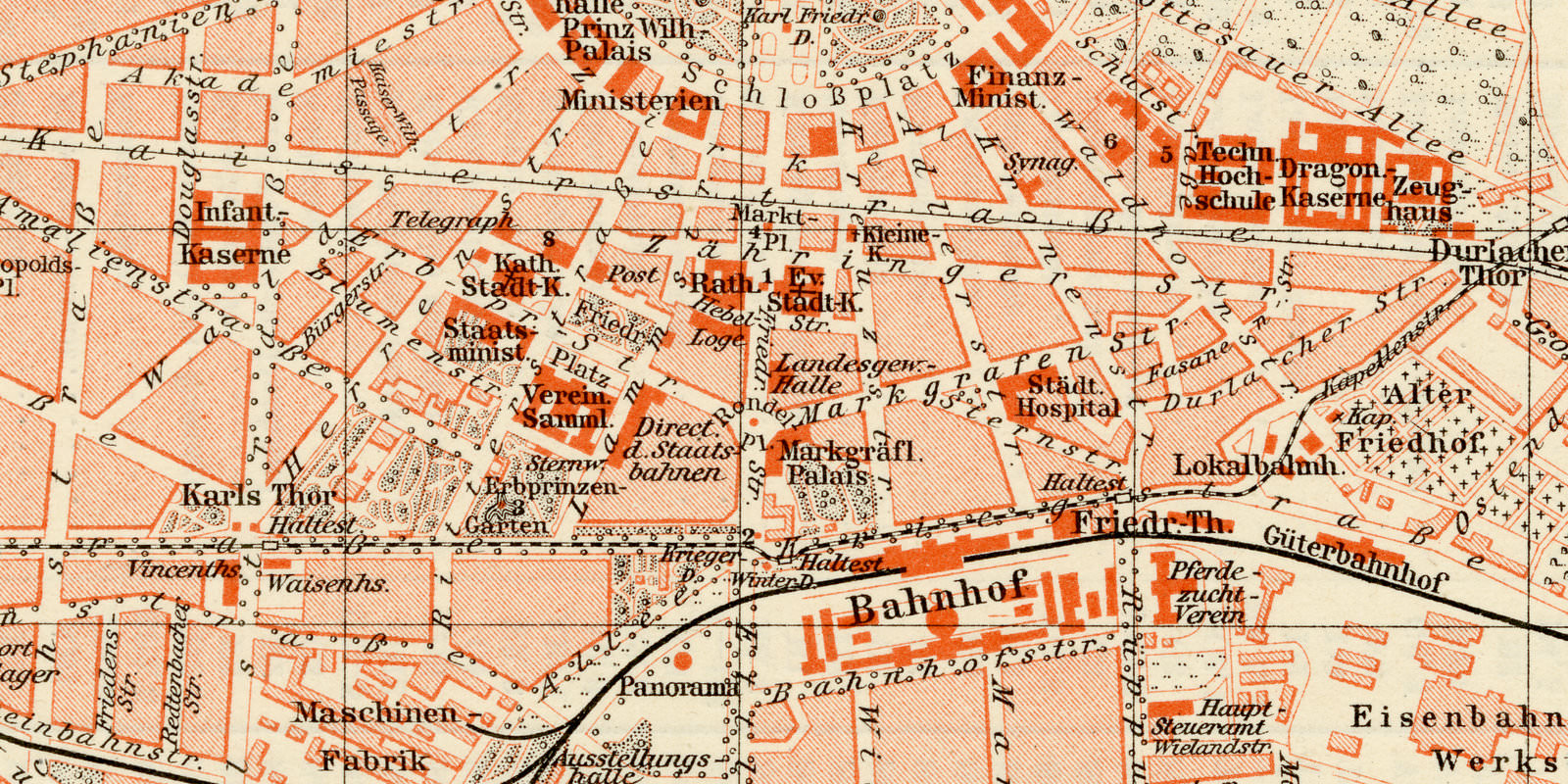 Karlsruhe ca 1895 historischer Stadtplan Lithographie