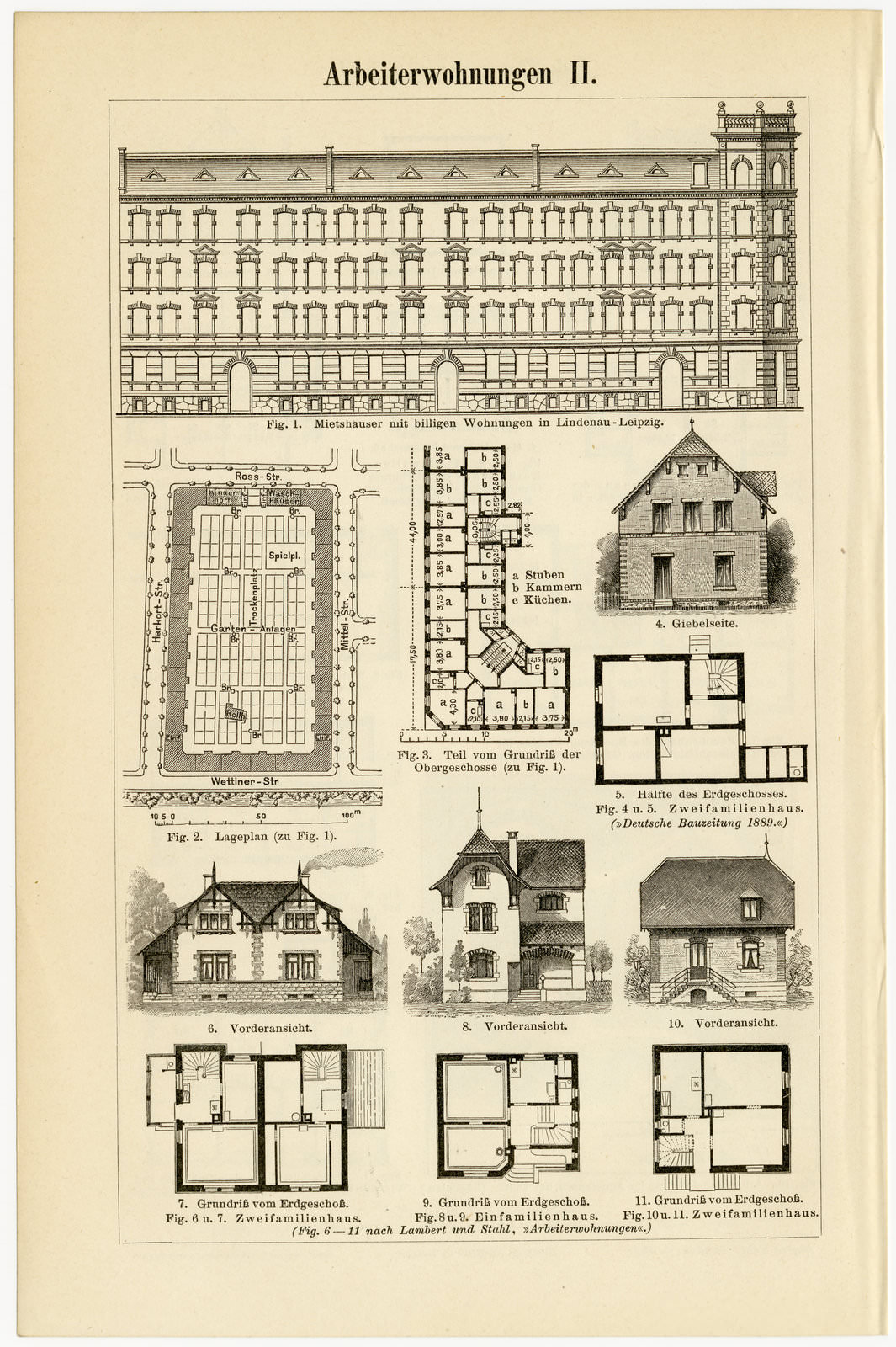 Arbeiterwohnungen I - II ca 1893 historische Bildtafel Holzstich