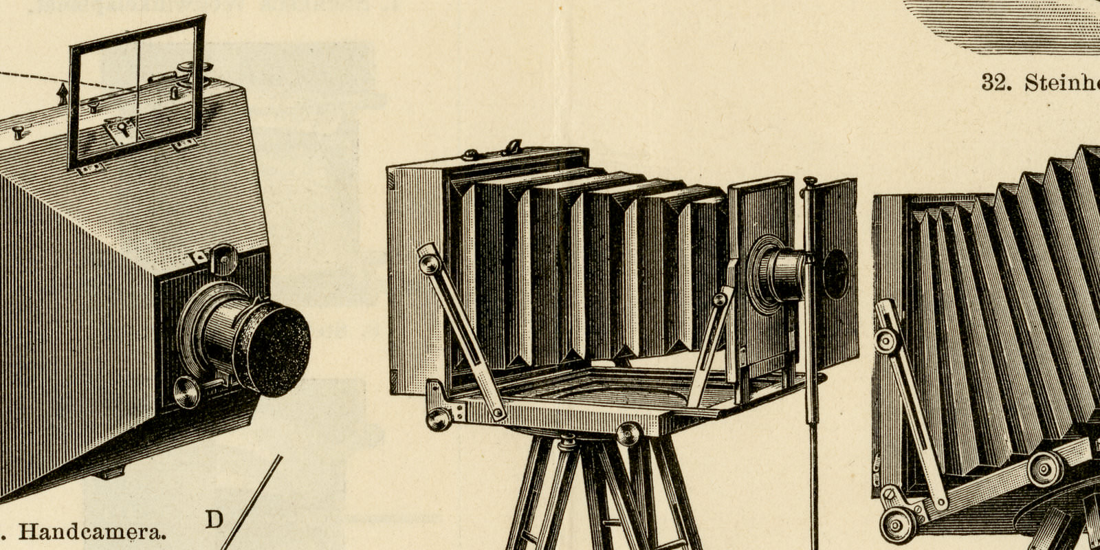 Photographische Apparate I - II ca 1896 historische Bildtafel Holzstich