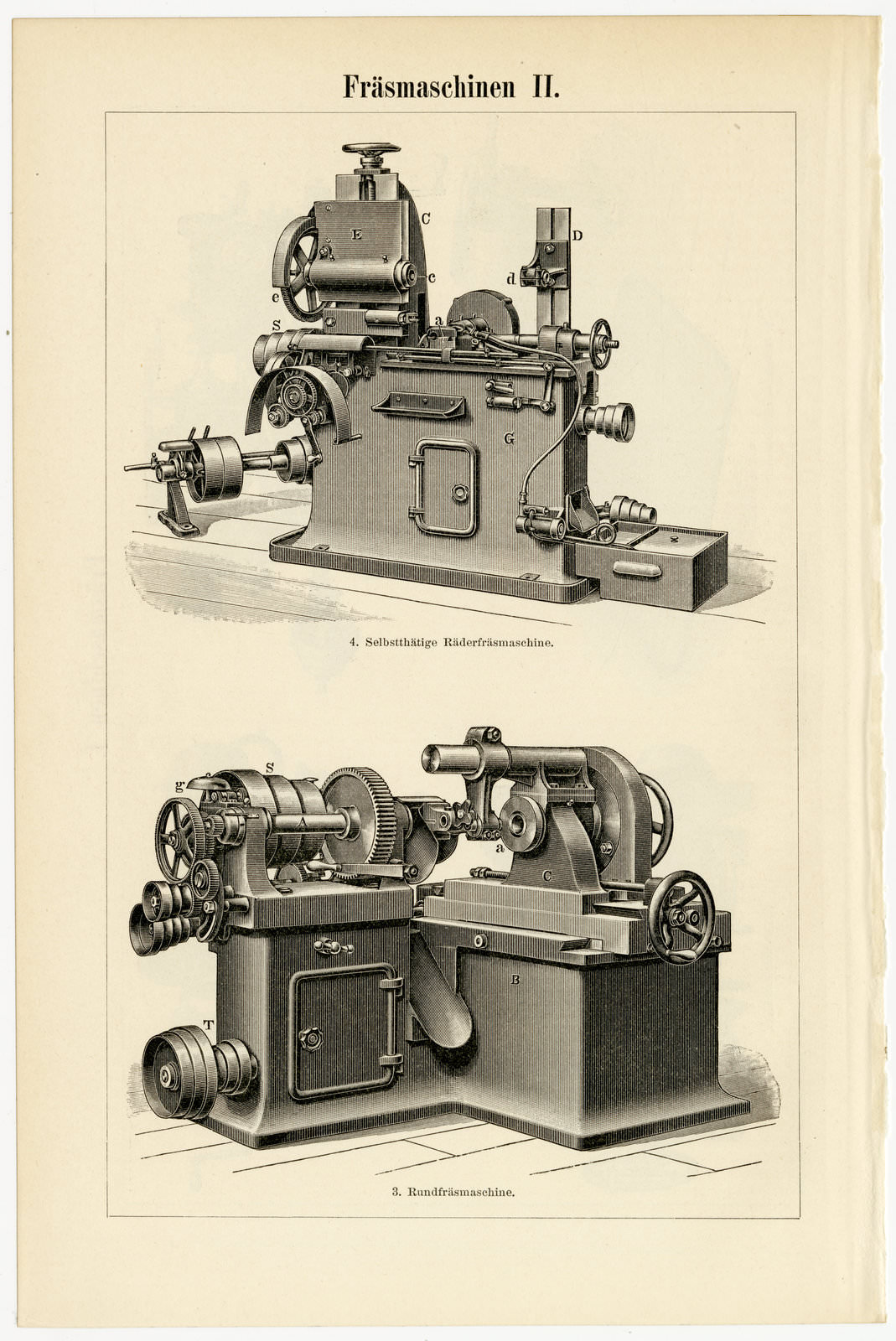 Fräsmaschinen I - II ca 1899 historische Bildtafel Holzstich