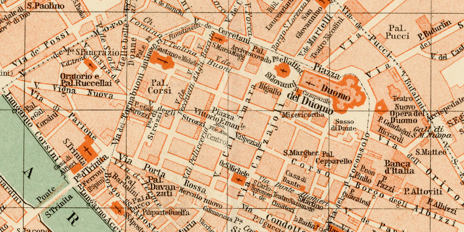Florenz ca 1893 historischer Stadtplan Lithographie