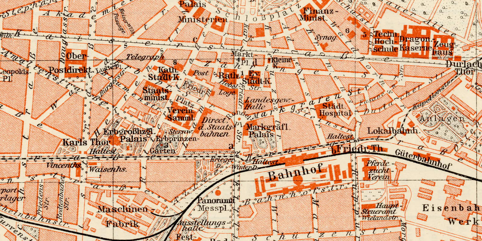 Karlsruhe ca 1899 historischer Stadtplan Lithographie