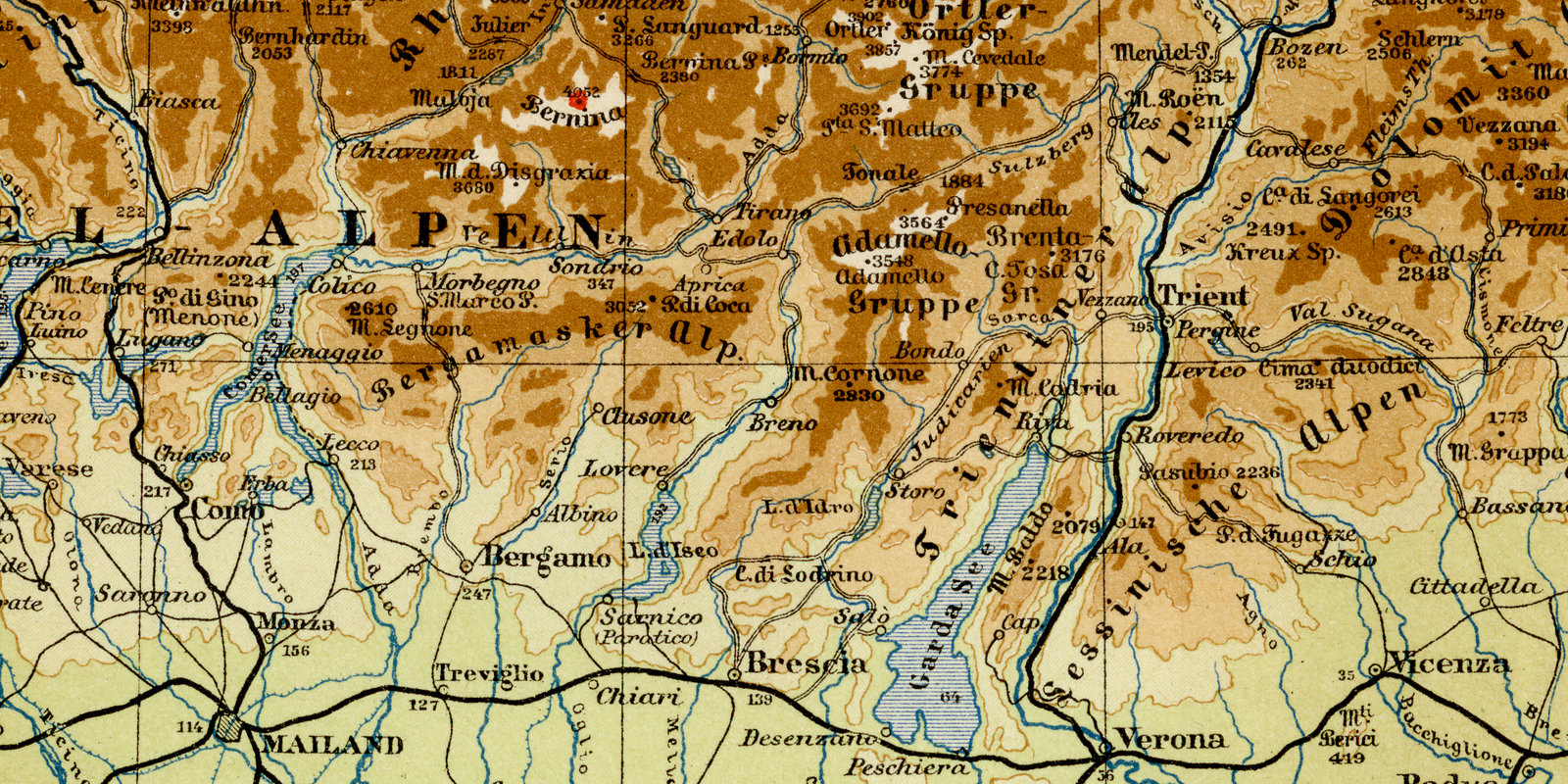 Alpen Höhenschichten ca 1898 historische Karte Lithographie